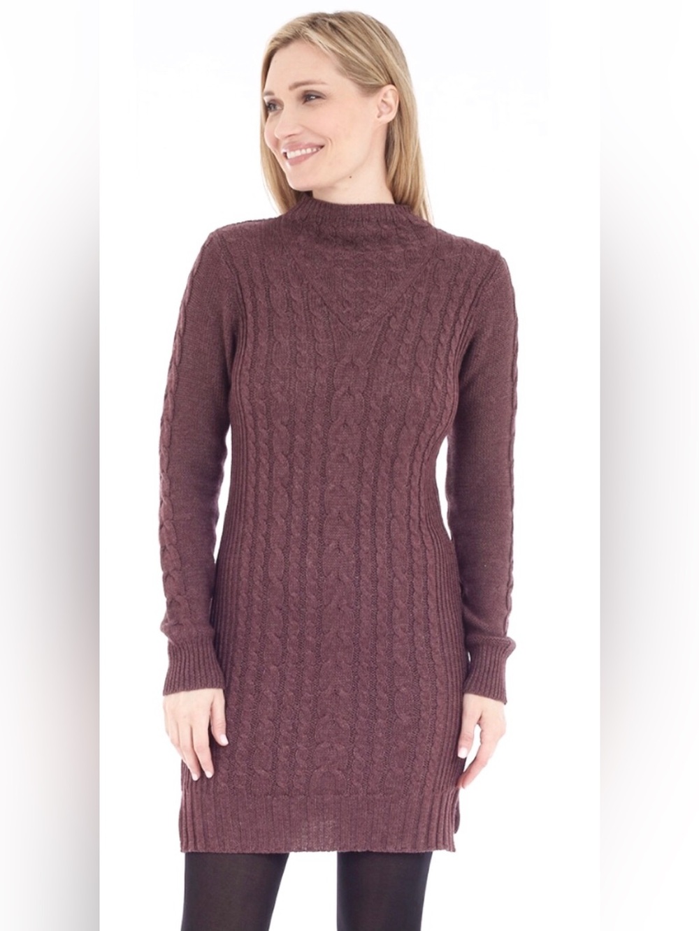 DKR Apparel Cable Knit Mock Neck Sweater Dress-Merlot